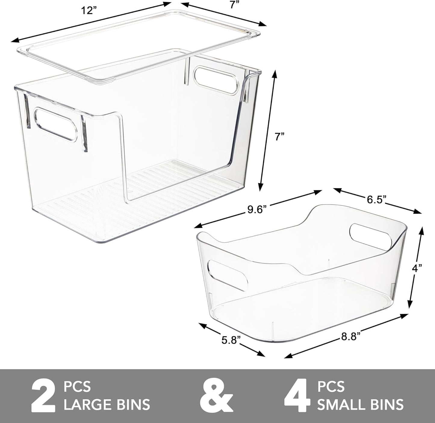Tiawudi Set of 6 Clear Plastic Storage Bins, 2 Large Stackable Oraganizer with Open Front & Lid, 4 Small Storage Container for Pantry Organization, Multi-Use Organizer Bins for Home, Kitchen, Cabinet