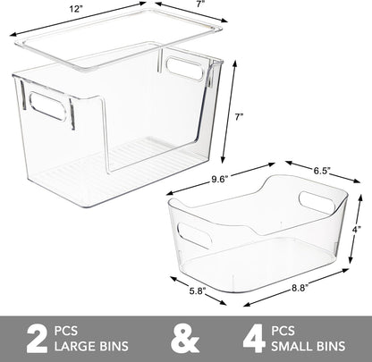 Tiawudi Set of 6 Clear Plastic Storage Bins, 2 Large Stackable Oraganizer with Open Front & Lid, 4 Small Storage Container for Pantry Organization, Multi-Use Organizer Bins for Home, Kitchen, Cabinet