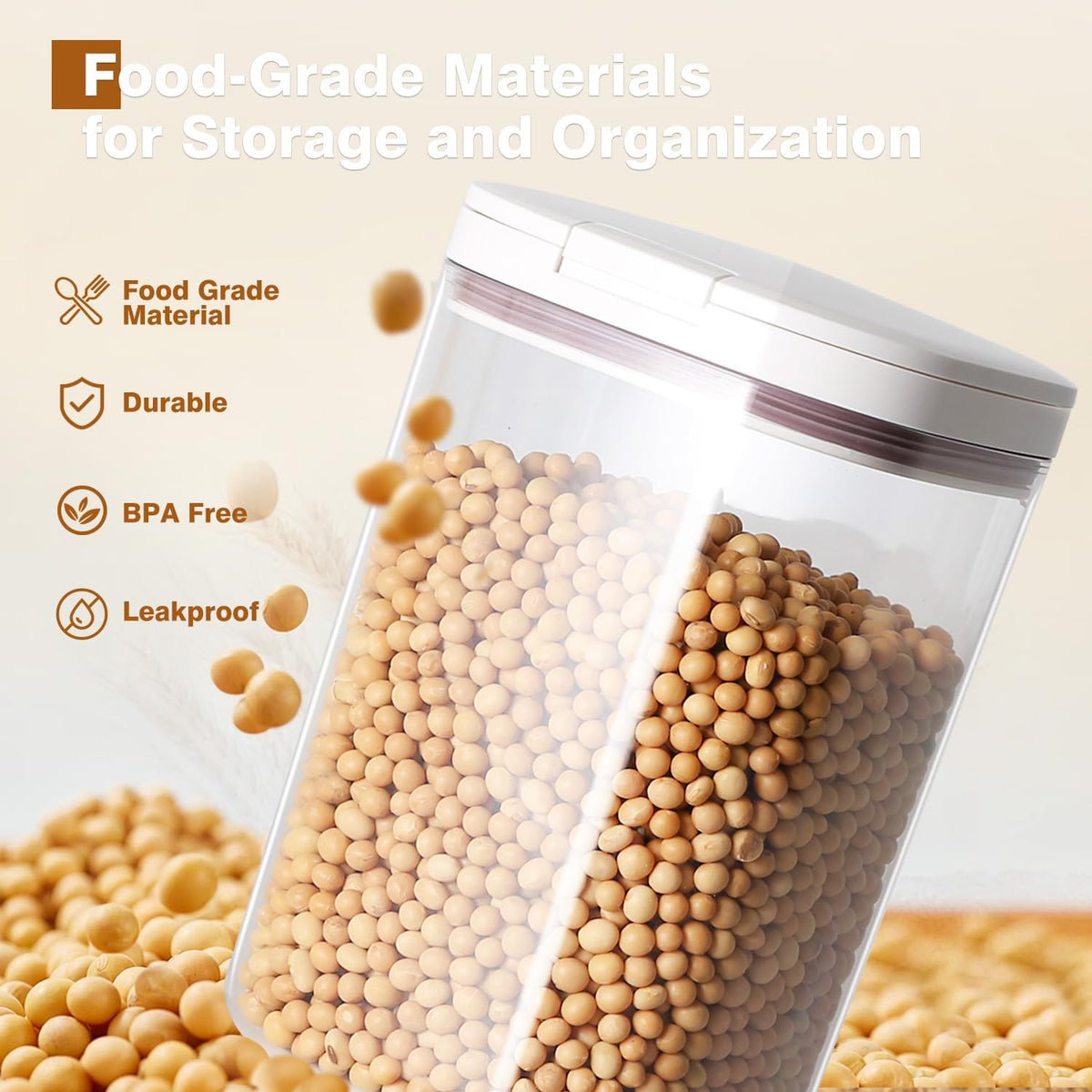 LivLab Mker Cereal Containers with Pop Lid - 1.0L/1.0 Qt Food Storage Dispenser Grain Bin for Candy, Grain, Rice and Snacks, Household for Kitchen Pantry Organization, White