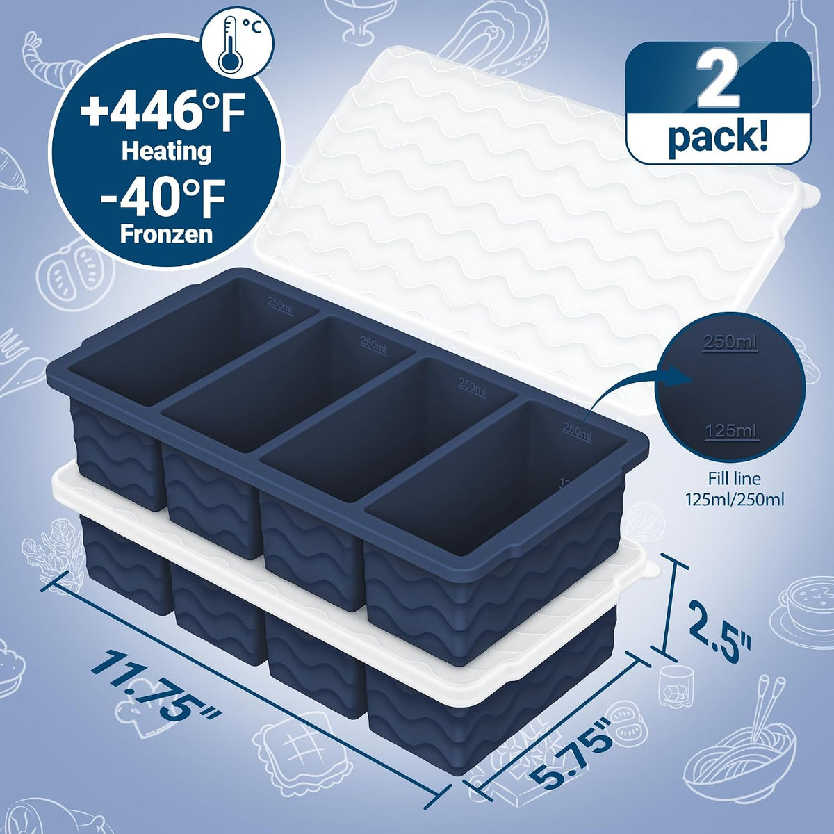 Doasuwish Silicone Freezer Molds for Soup with Lid – 1-Cup Soup Container Style Ice Cube Trays for Freezer, Meal Prep & Food Storage, Freeze 250mL/125mL Portions – 2 Pack