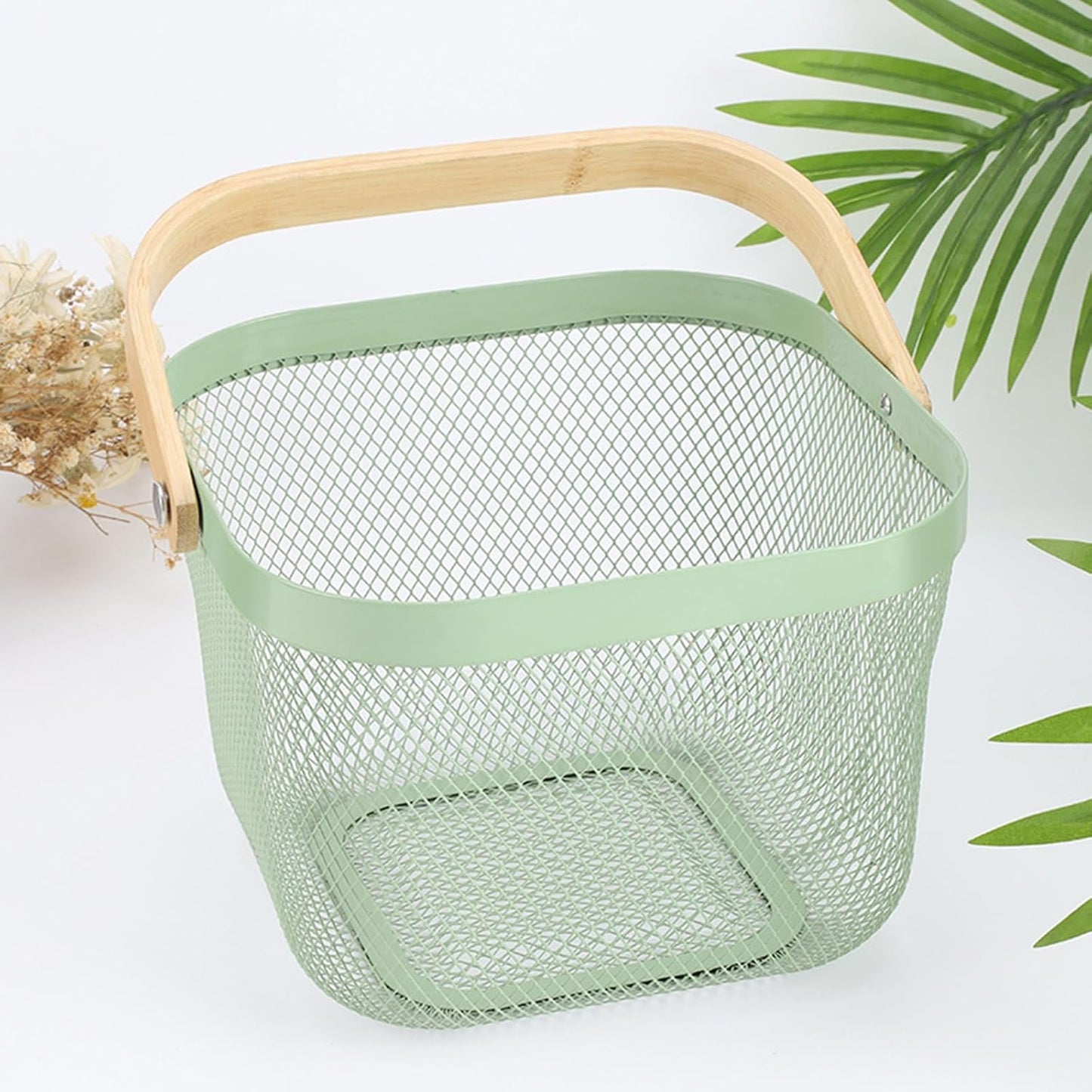 AJIODA Metal Mesh Steel Basket, Storage Organizer Basket Multi-functional Hanging Kitchen Baskets Fruit Basket Bin with Bamboo Handle for Kitchen Bathroom Picnic Shopping Decor Cabinet Home, Blue