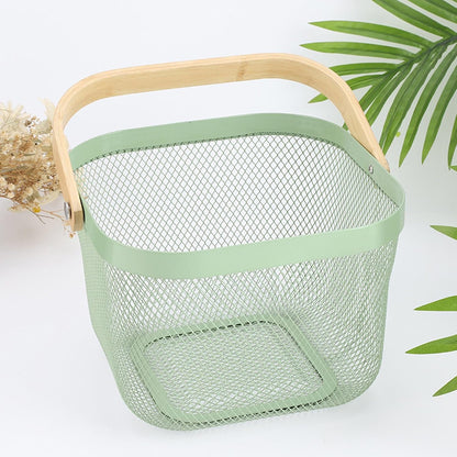 AJIODA Metal Mesh Steel Basket, Storage Organizer Basket Multi-functional Hanging Kitchen Baskets Fruit Basket Bin with Bamboo Handle for Kitchen Bathroom Picnic Shopping Decor Cabinet Home, Blue