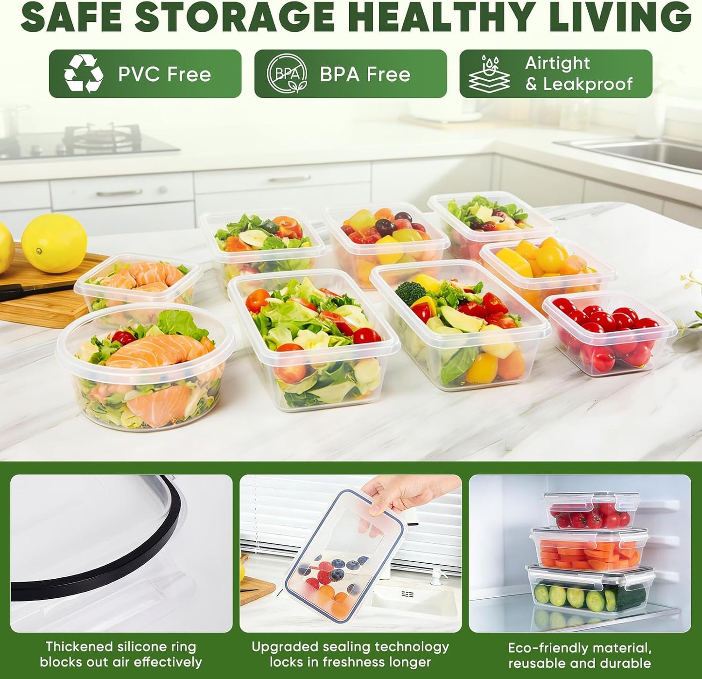 24-Piece PVC-Free BPA-Free Food-Grade Plastic Kitchen Set (12 Containers + 12 Lids), Leakproof Airtight Reusable Meal Prep & Food Storage Containers, Microwave and Dishwasher Safe