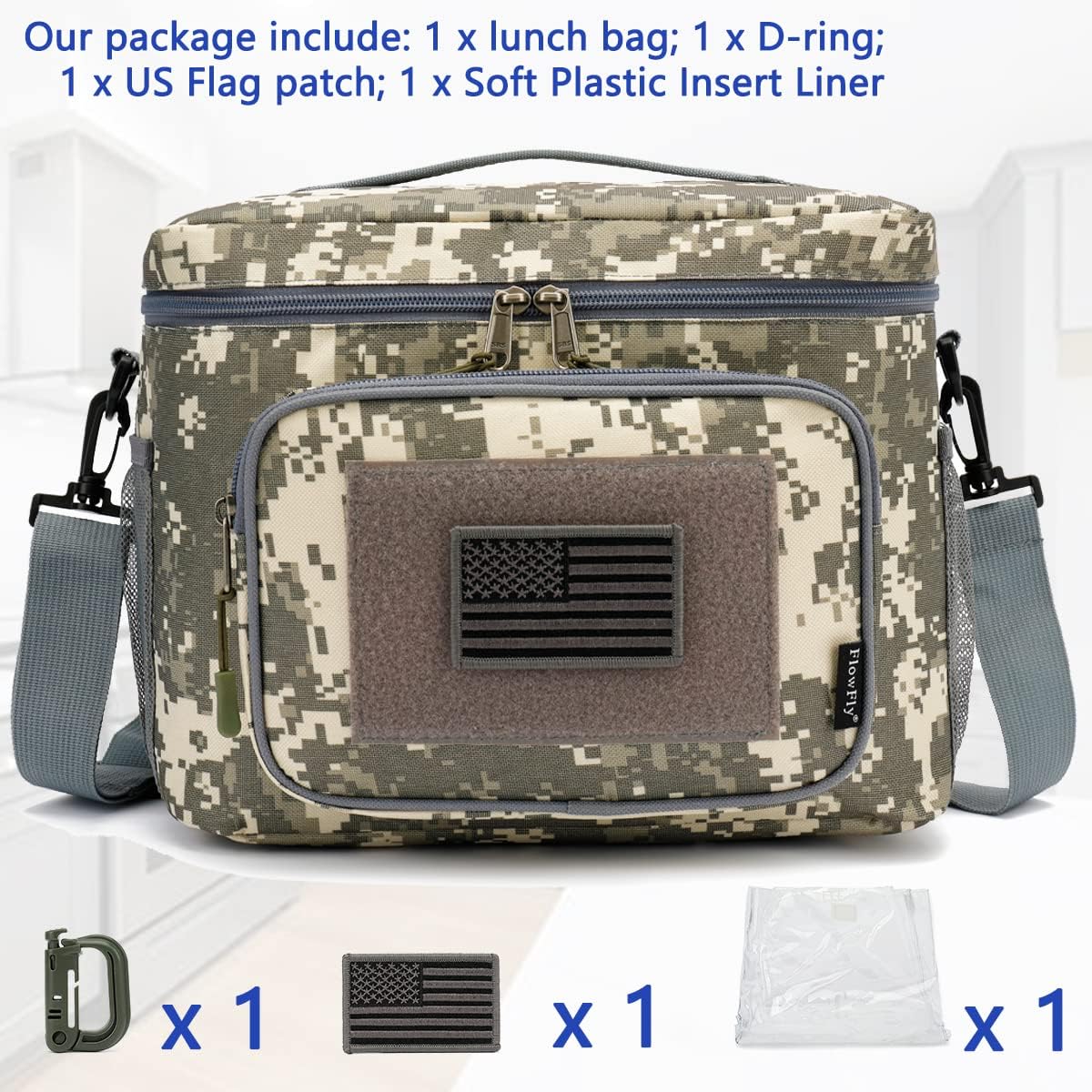 FlowFly Lunch Bag, Insulated Cooler, Thermal Lunch Box Tote with MOLLE/PALS Webbing, Adjustable Padded Shoulder Strap, for Tactical Men Women Adults and Boys Girls Kids (Cyan, Medium)
