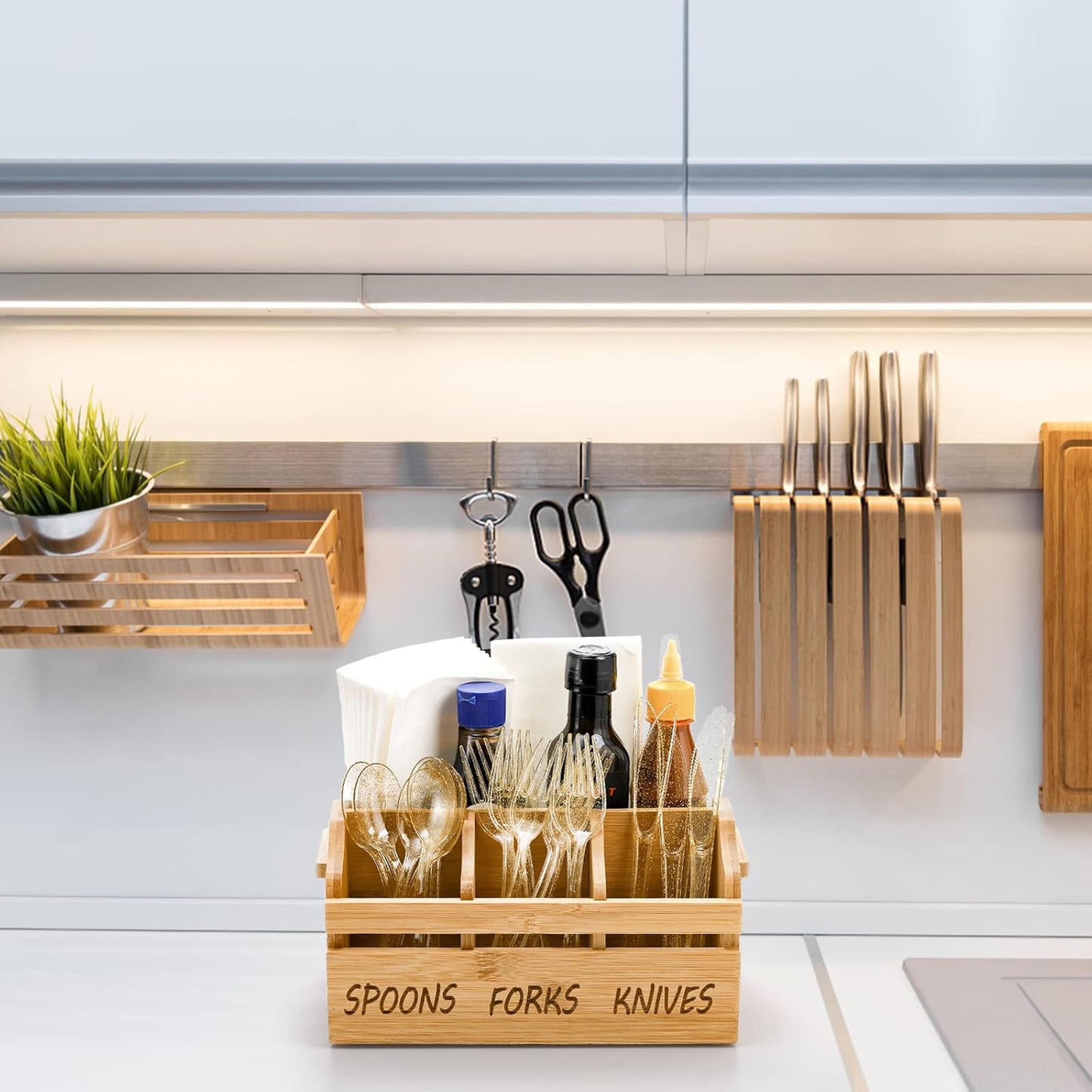 Yesland Bamboo Silverware Caddy Organizer - 4 Compartment Wooden Utensil Holder with Handle for Kitchen Countertop, Party, Forks Spoons Knives Napkins Storage
