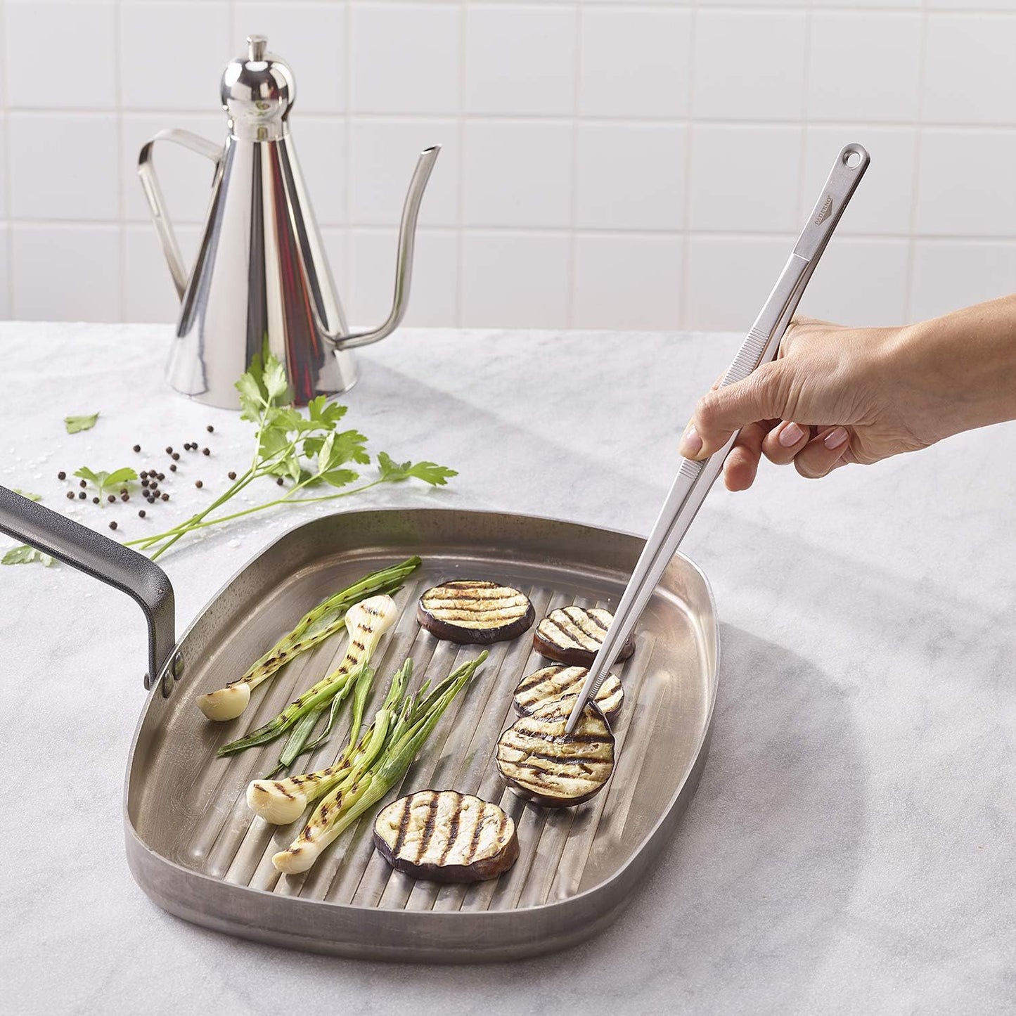 Paderno World Cuisine Stainless Steel Offset Culinary Tweezers, Gray
