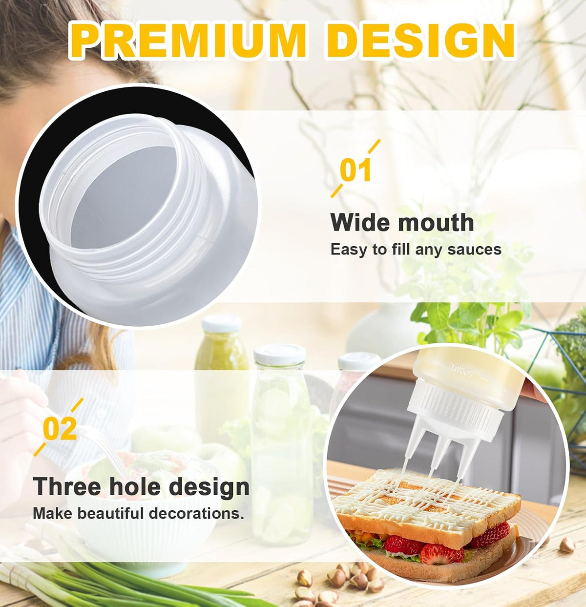 4Pack 23oz Plastic Squeeze Condiment Bottles 3 Holes Sauce Squeeze Bottle 680ml Squirt Bottles for Syrup Ketchup Dressing Oil Honey