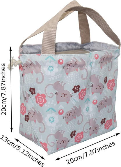 enyuwlcm Mini Lunch Tote Pouch Reusable Small Cute Lunch Bag with Drawstring Suitable for Girls Women Cat Blue