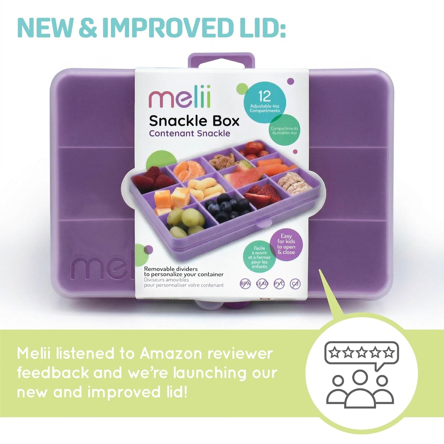melii Snackle Box |12-Compartment Snack Container with Removable Dividers, BPA-Free Food Storage for Travel, School & On-the-Go Snacks, Kids & Family Organizer (Grey)