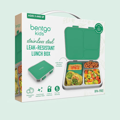 Bentgo Kids Stainless Steel Leak-Resistant Lunch Box - 3-Compartments with Bonus Silicone Container, Durable, Eco-Friendly, Dishwasher Safe, BPA-Free, Ideal for School, Ages 3+ (Silver)