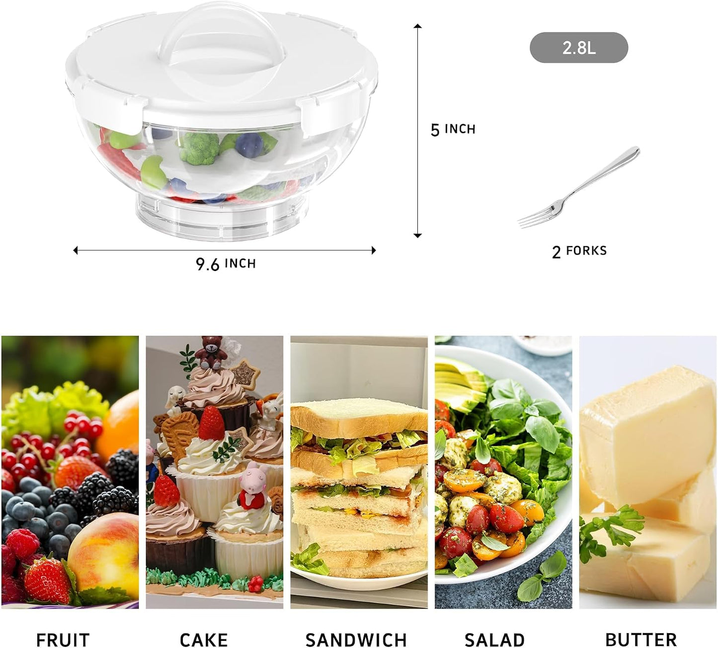 MANO 2pack Large Iced Salad Bowl with Lid and Utensils to Go Ice Chilled Food Serving Containers with Handles for Fruit Veggie Storage for Fridge Refrigerator Party Camping, Picnic, Beige