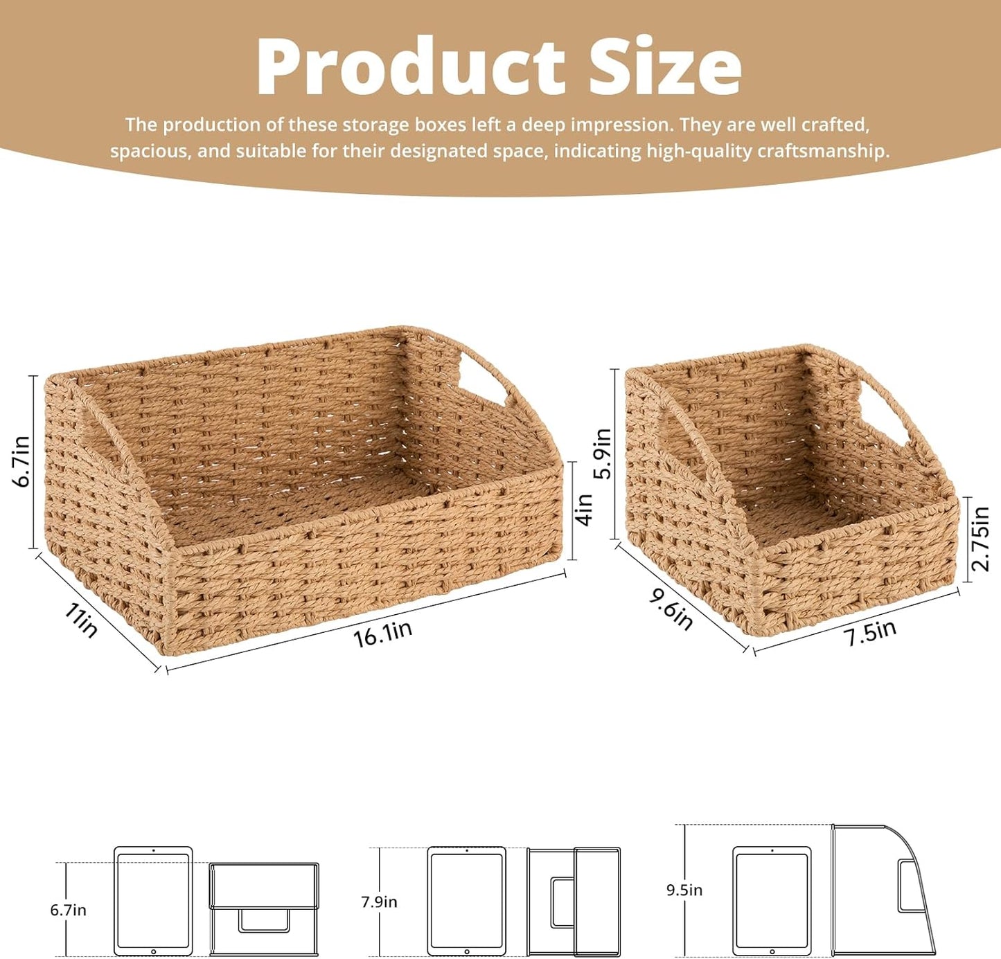OIAHOMY Pantry Baskets for Organizing, Paper Rope Baskets with Built-in Handles, Wicker Storage Bins for Shelves, 2 Pack-Yellow