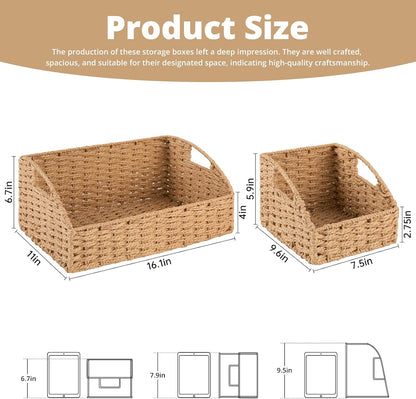 OIAHOMY Pantry Baskets for Organizing, Paper Rope Baskets with Built-in Handles, Wicker Storage Bins for Shelves, 2 Pack-Yellow