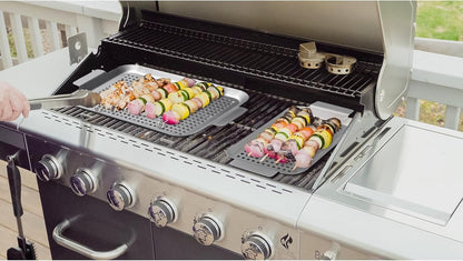 Grill Topper Grilling pans Set of 2, Non-Stick Barbecue Trays, 17" x10" and 13.3"x7.4" Durable Grill Pans with Holes, Metal Topper Baskets for Barbecue & Smoked Meat, Vegetables & Seafood