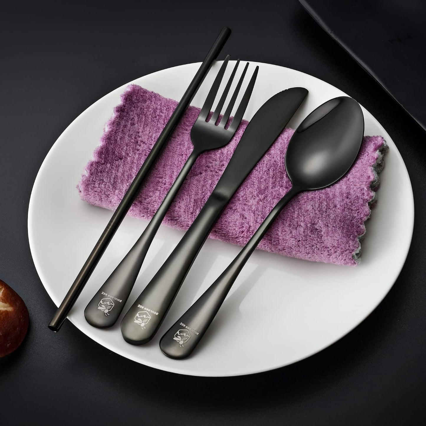 Boulder Bee | Travel Utensils Set | Reusable Camping Cutlery Set | Stainless Steel Flatware Set | Portable Silverware Set with Case | Includes Knife/Fork/Spoon/Straw/Cleaning Cloth/Case (Purple)