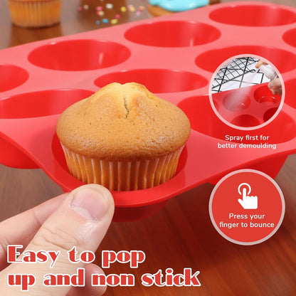 3 Pcs Silicone Muffin Pan Set, Silicone Muffin Pans for Baking Red 24/12/6 Cups Mini/Regular/Large Non-Stick Cupcake Pan for Kitchens, Restaurants, Bakeries