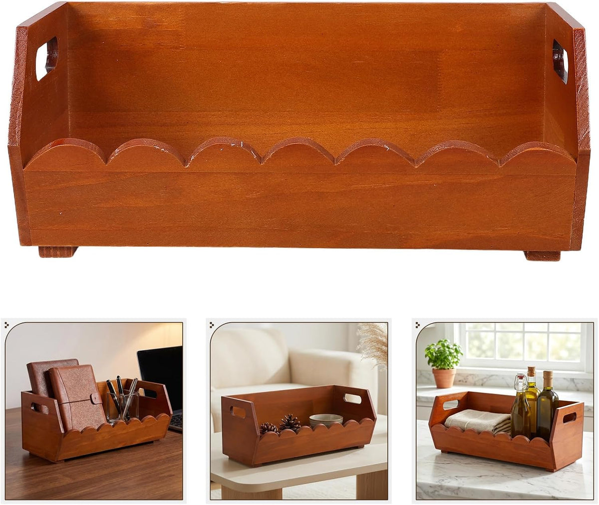 Rustic Wooden Pantry Storage Bin with Ergonomic Handles and Open Front Design, Handheld Kitchen Basket for Potatoes, Vegetables, 13.19x6.50x5.51in, for Desk or Kitchen