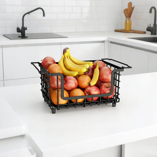 2 Pack Stackable Metal Wire Vegetable Fruit Basket for Kitchen Counter Cabinet, Pantry Organizers and Storage Basket, Food Can Snack Onion Potato Bread Storage Shelf Freezer Organizer Bins Containers