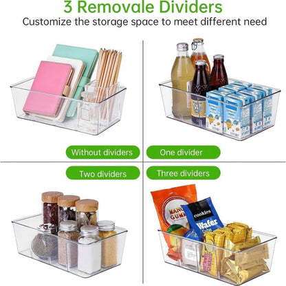 3 Pack Food Storage Organizer Bins, Clear Plastic Bins Removable Snack Organizer with 3 Dividers, Plastic Fridge Organizer and Cabinet Organizer for Kitchen, Pantry, Condiment, Packets Spices