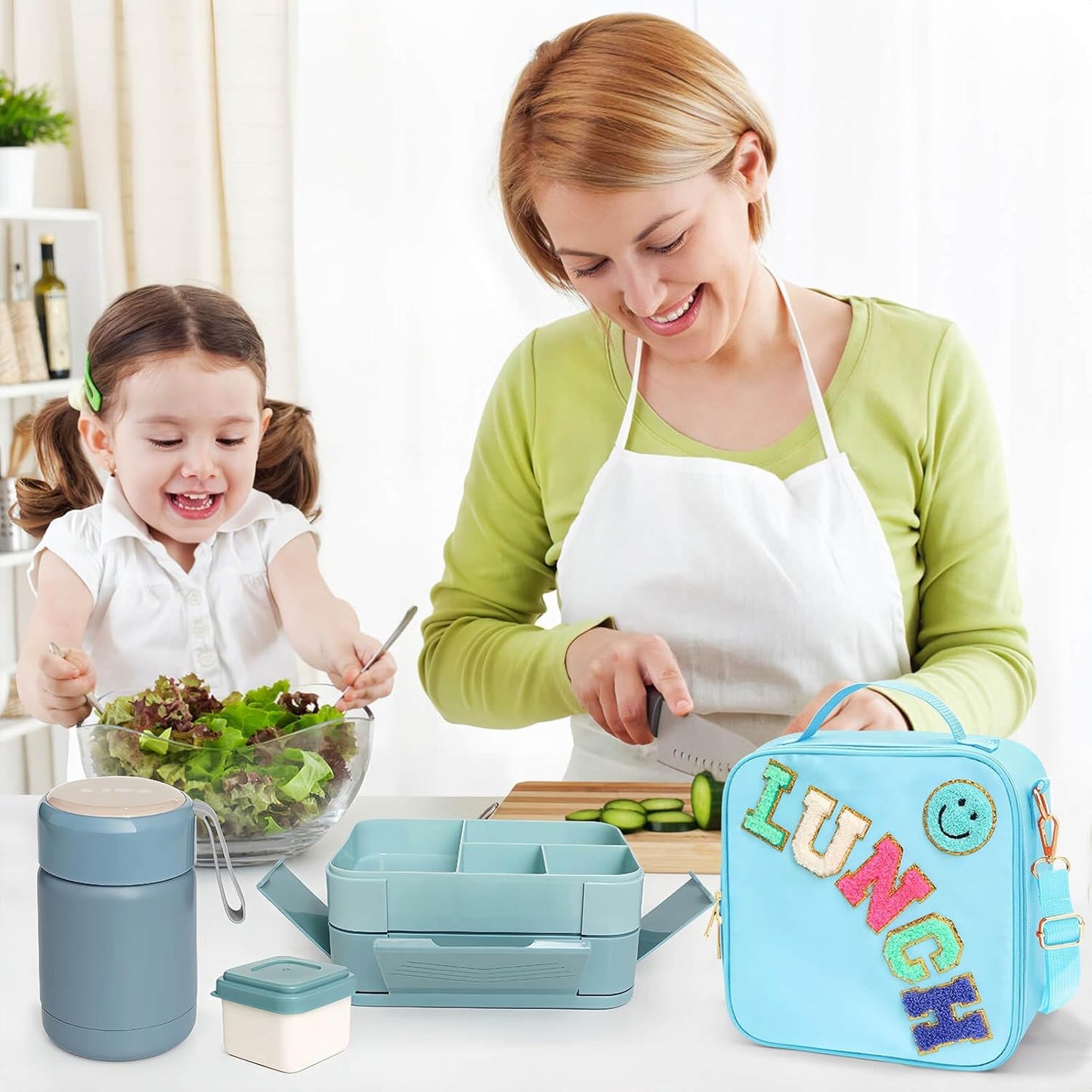 Insulated Lunch Bag for Boys Girls with 10oz Thermo, with 6 Compartment Bento Box, Black Nylon Preppy Lunch Box Adjustable Strap for Boy Girl Kids Teens School Travel Picnic