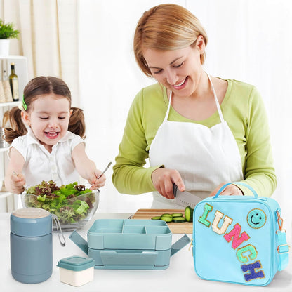 Insulated Lunch Bag for Boys Girls with 10oz Thermo, with 6 Compartment Bento Box, Black Nylon Preppy Lunch Box Adjustable Strap for Boy Girl Kids Teens School Travel Picnic