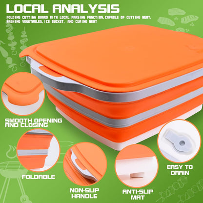 Collapsible BBQ Prep Tub with Lid & Cutting Board 8L - Meat Marinating Basin & Grill Carry System - 5pc Set with Heat Resistant Gloves, Basting Brush & Spatula(Black, Large, 8L)