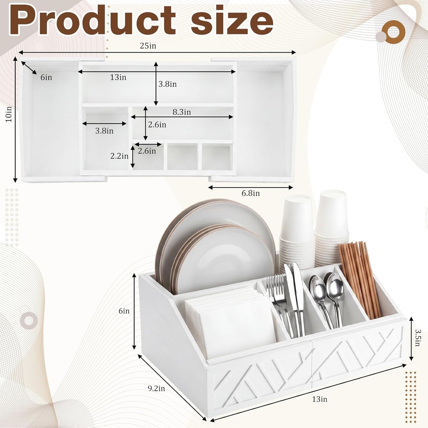 Paper Plate Dispenser Extendable, Paper Plate Holder for Kitchen Counter Wood Silverware Utensil Caddy Cutlery Flatware Organizer Box for Cups Spoons Forks Kitchen Accessories(Black)
