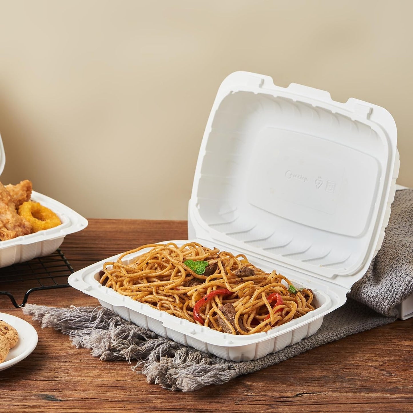 FULING [8x8-Inch, 50 Pieces, 3-Compartment Disposable To Go Box Containers, Plastic Clamshell Takeout Food Trays, Microwave Safe, Cut Resistantstable Hinged Lid, Hybrid Polypropylene, White