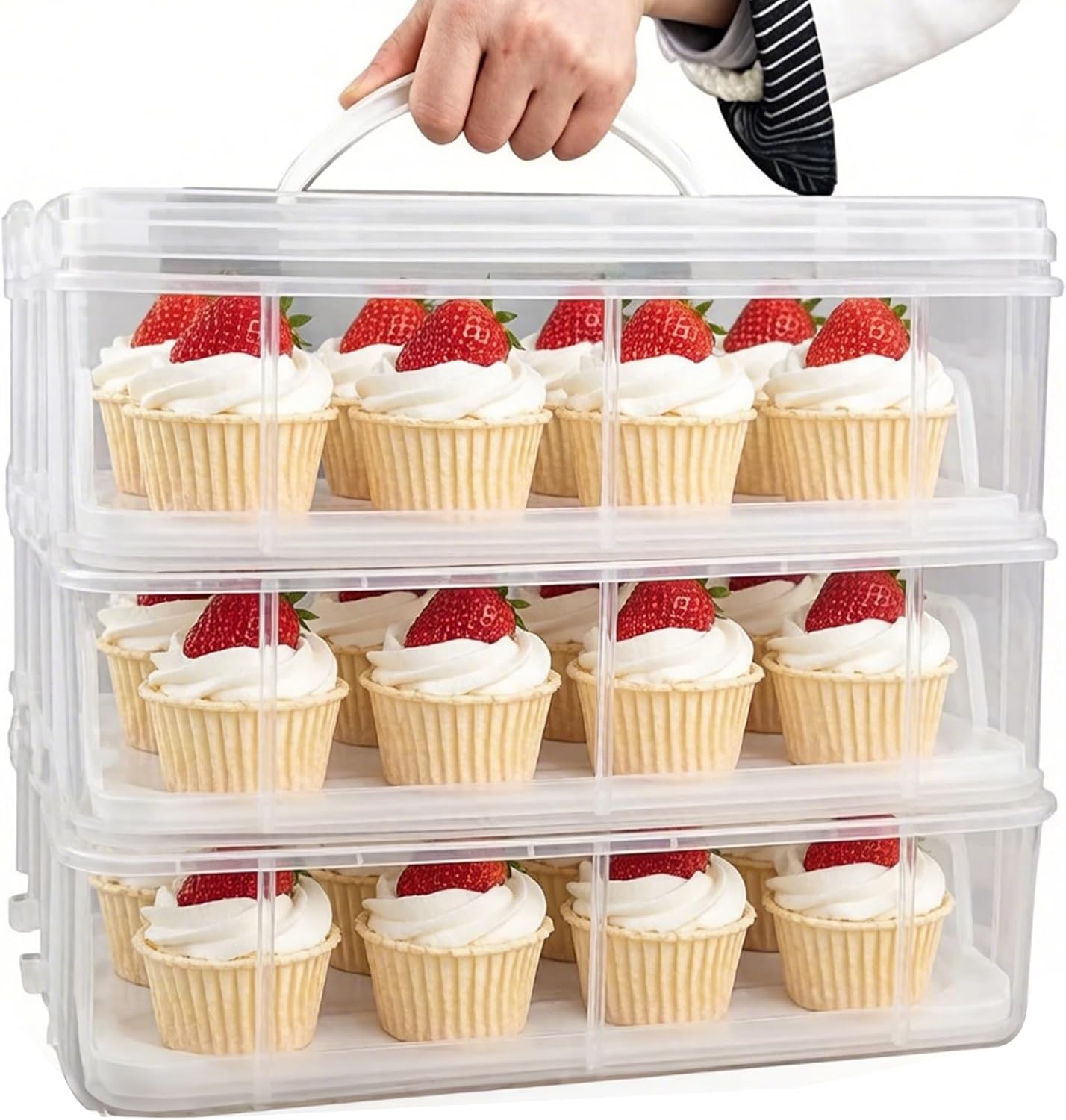3 Tier Cupcake Carrier with Lid,Holds 36 Cupcakes or 3 Large Cakes Food Transporter Container with 3 Tier Stackable Layer Insert