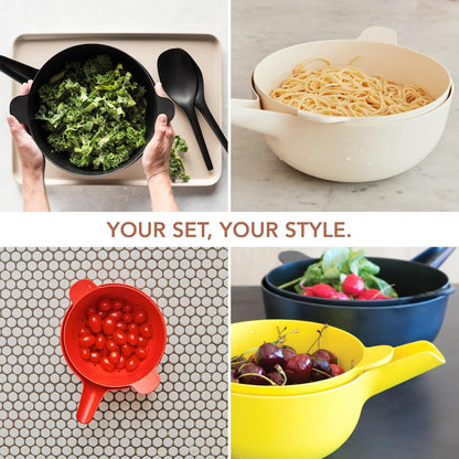 EKOBO Small Mixing Bowl and Colander Set White– 60 oz BPA-Free Eco-Composite – Nesting Kitchen Mixing Bowls for Washing Mixing Serving – Compact Dishwasher Safe Kitchen Essentials