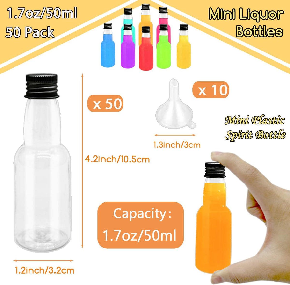 1.7oz Mini Liquor Bottles,50ml Plastic Spirit Alcohol Bottle with Black Cap,Miniature Sauce Bottles with 10 Funnels for Weddings,Party Supplies