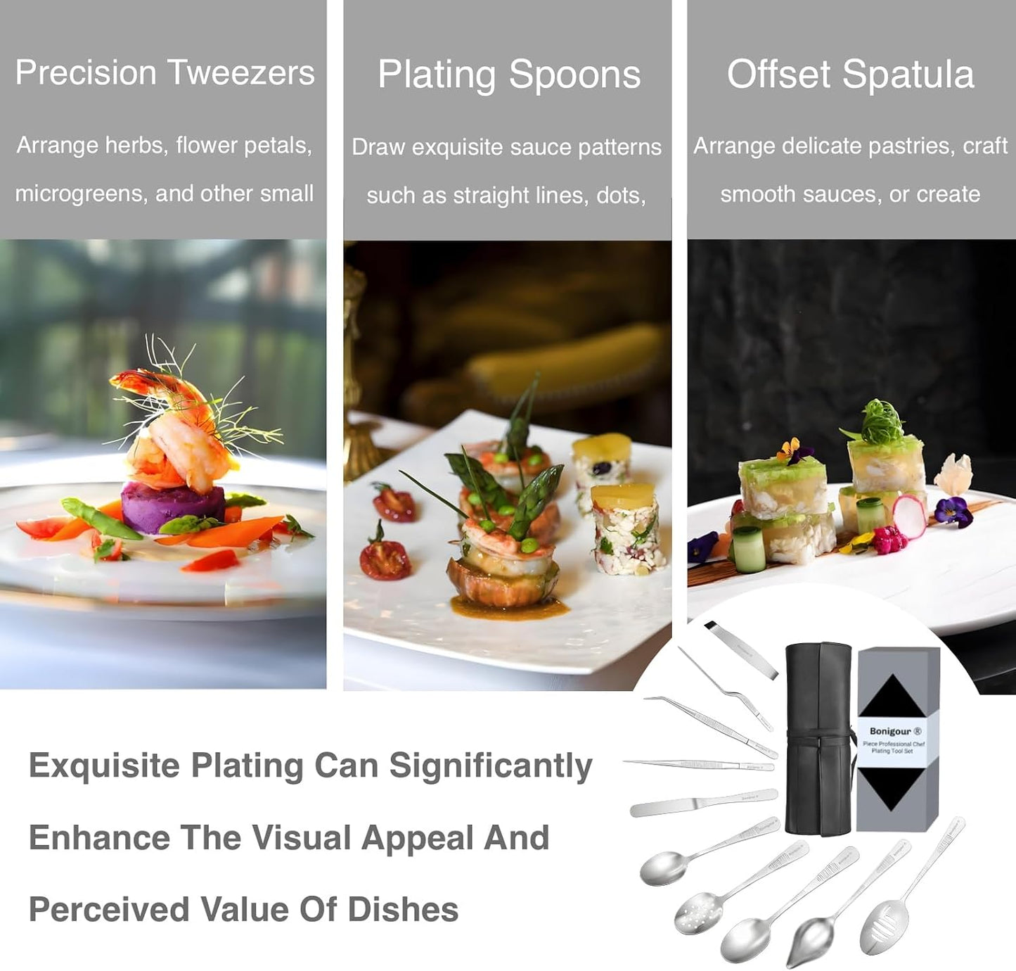 | Plating Tools Culinary Set | 11 Piece Professional Chef Plating Tools Pro Kit | Kitchen Plating Utensils | Modernist Cuisine Food Art | Stainless Steel | Black (Black)