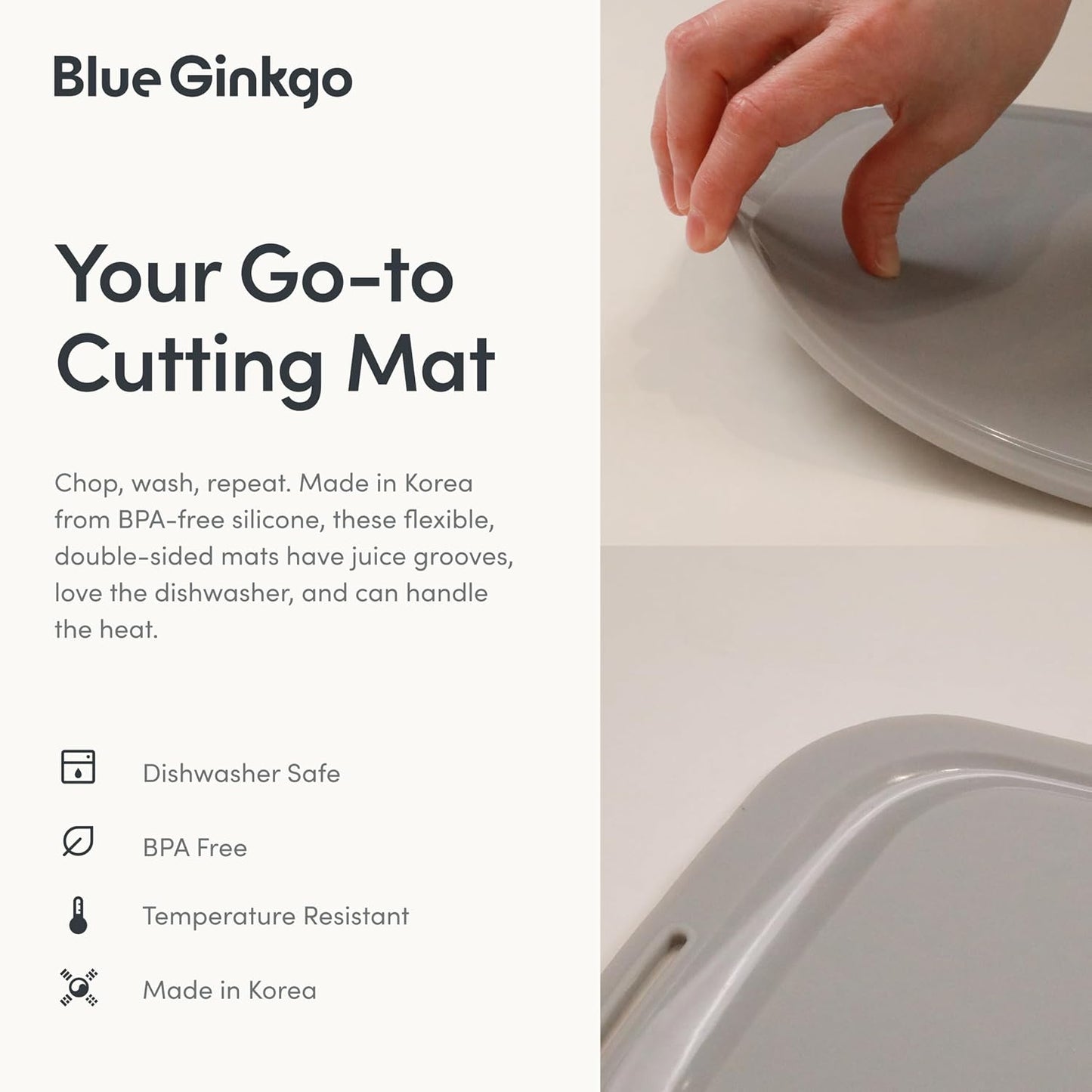 Blue Ginkgo Silicone Cutting Boards – Set of 3 (Small, Medium, Large) – Double-Sided, Thick, Flexible, Non-Slip, BPA Free – Juice Grooves, Dishwasher Safe (Made in Korea, Grey)
