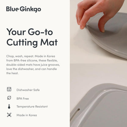 Blue Ginkgo Silicone Cutting Boards – Set of 3 (Small, Medium, Large) – Double-Sided, Thick, Flexible, Non-Slip, BPA Free – Juice Grooves, Dishwasher Safe (Made in Korea, Grey)