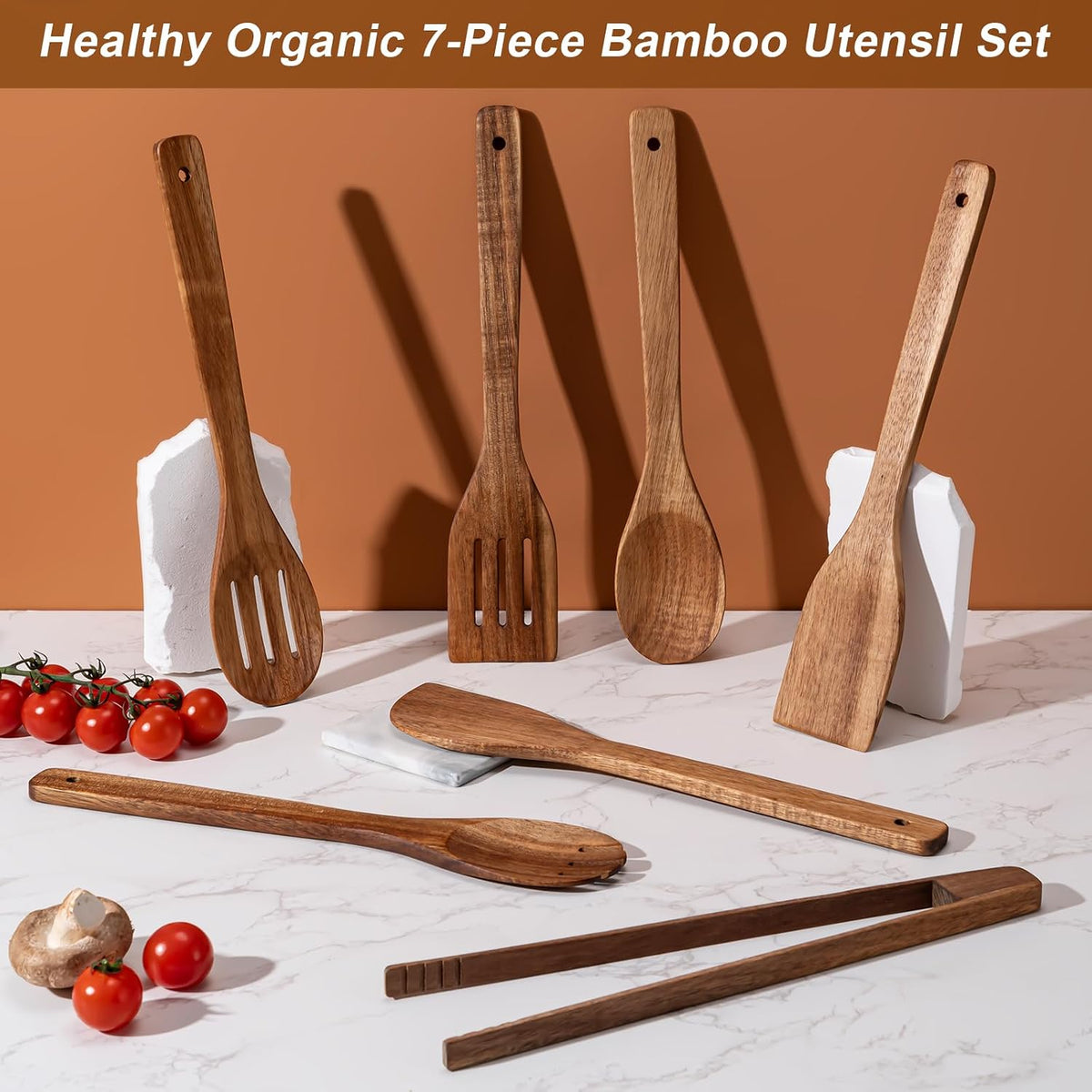 Eisinly 7-Piece Wooden Cooking Spoons, Natural Bamboo Utensil Set