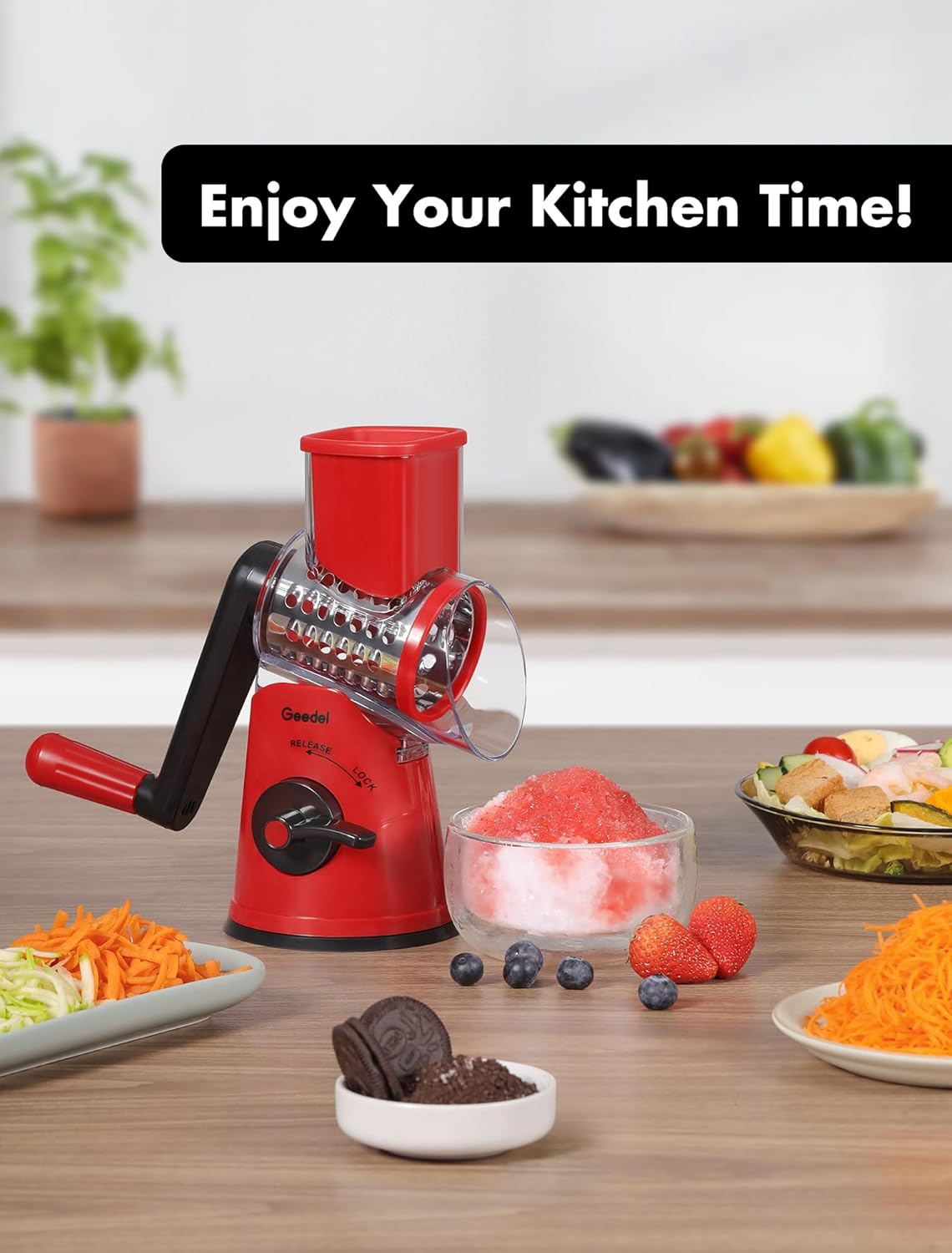 Geedel Rotary Cheese Grater, Kitchen Mandoline Vegetable Slicer with 3 Interchangeable Blades, Easy to Clean Rotary Grater Slicer for Cheese, Vegetables, Nuts
