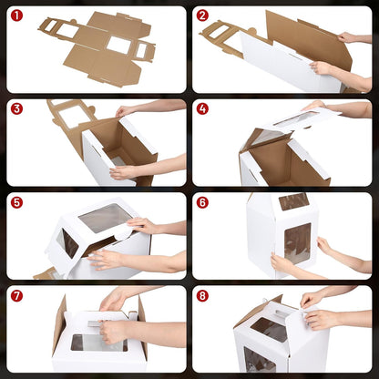 3 Pack 12-In Cake Boxes, Large 12-In Box with Lid & Handle Cake Carrier — Tall Transport Container for Tier Stacking, Reinforced Disposable Bakery Boxes