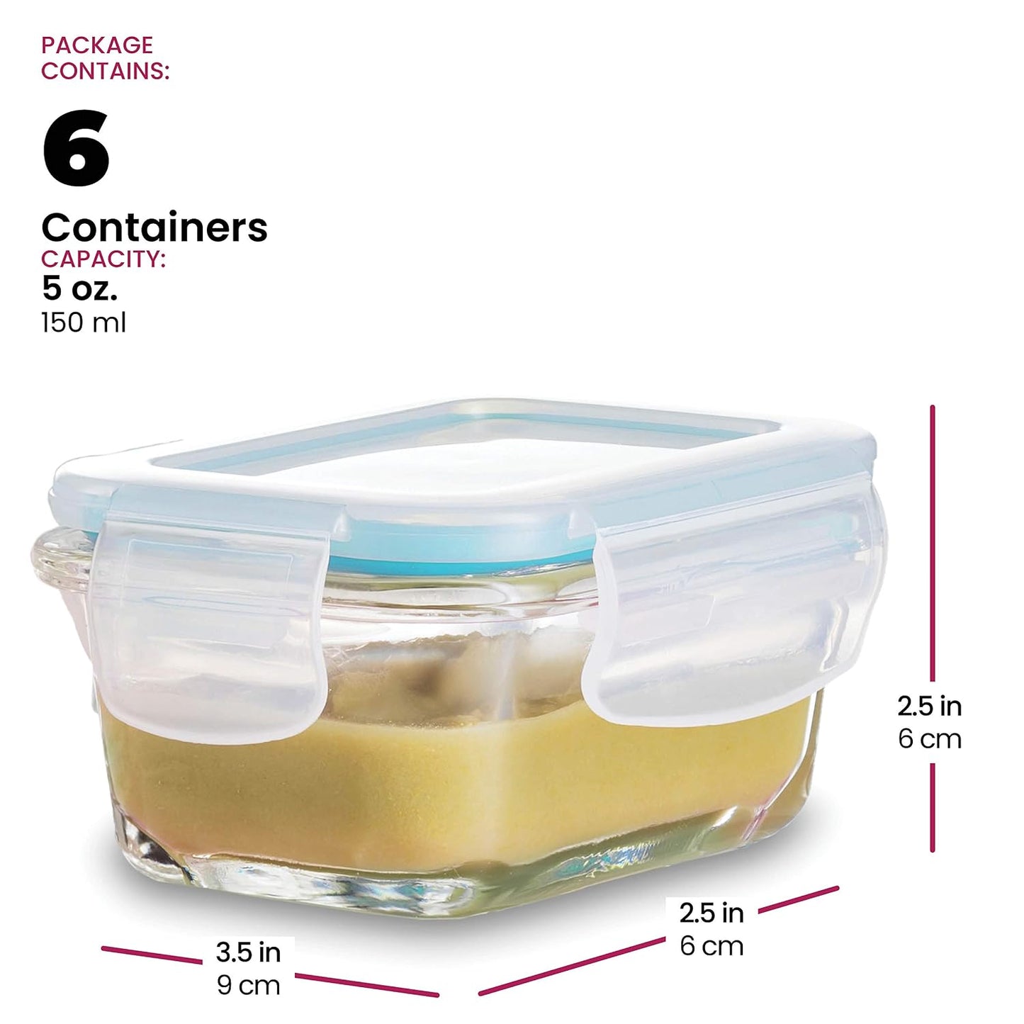 FineDine Small Glass Meal Prep Food Storage Container - Airtight, Leakproof, Microwave & Dishwasher Safe - Perfect for Snacks, Dips, 6 Count - Teal