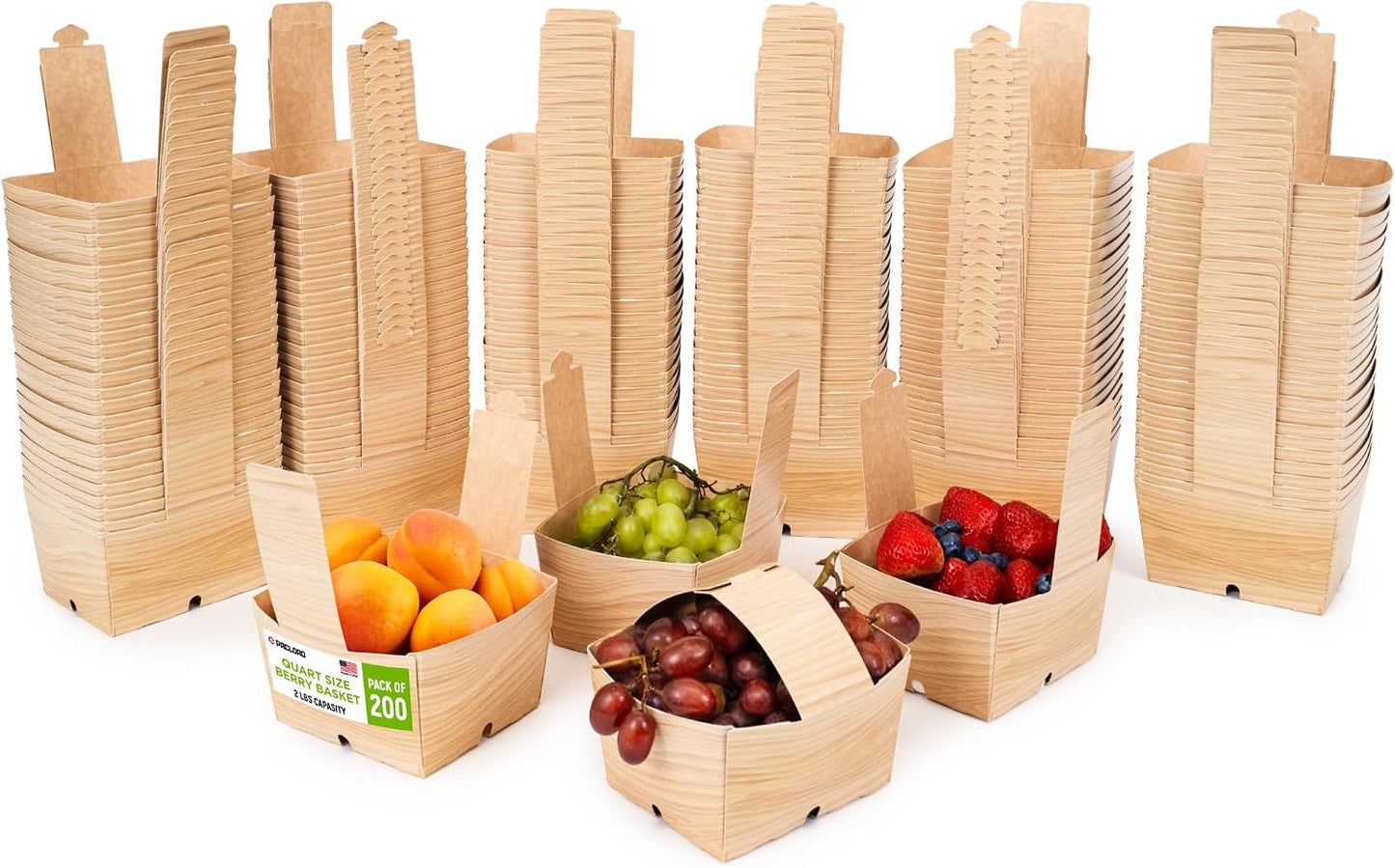 USA-Made Quart-Size Berry Baskets with Handles, Pack of 25 - 2 lbs Capacity Produce Basket for Fruits, Berries & Veggies - Premium Berry Container for Farmers Markets or Product Displays