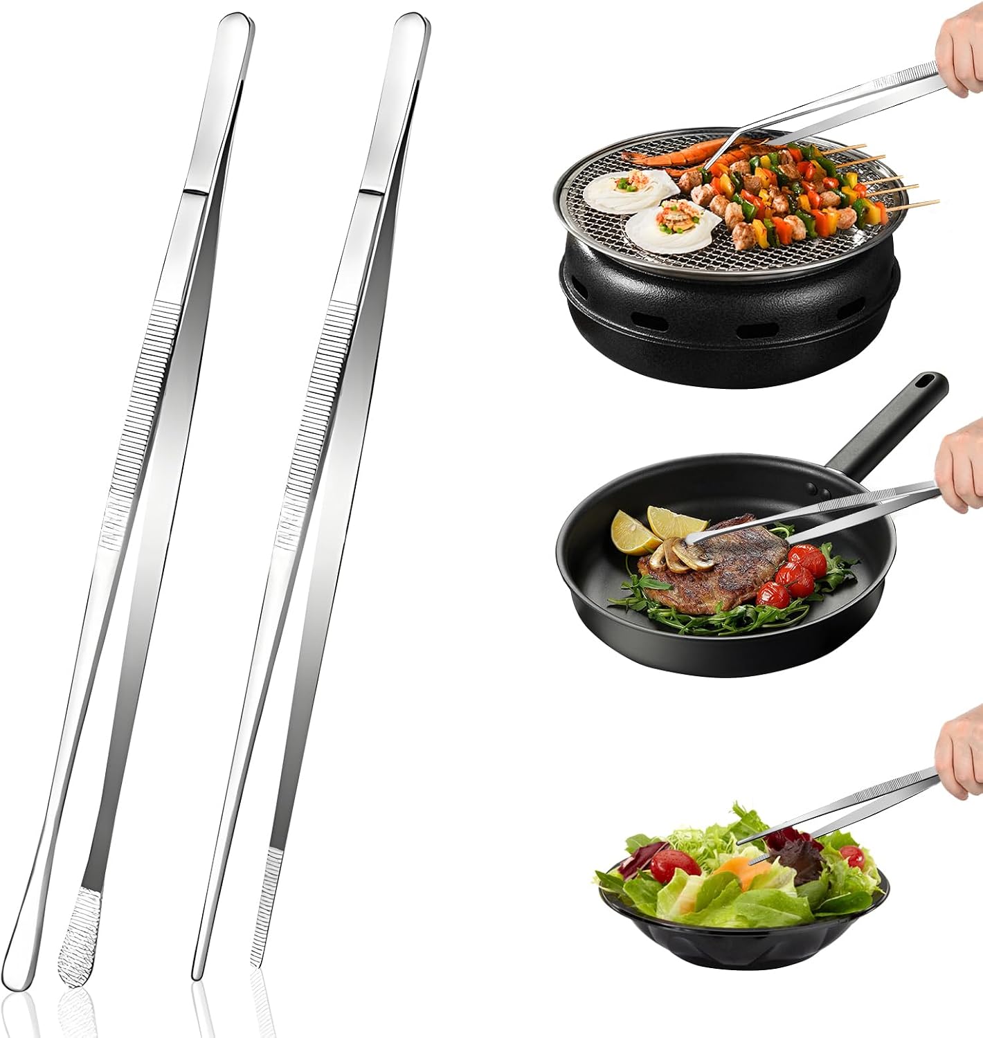 2-Piece Kitchen Tongs Set – 12-Inch Stainless Steel BBQ Tweezers with Straight & Curved Edges, Non-Slip Grip, Heavy Duty for Grilling Steak, Flipping Pancakes, Salads & Cooking