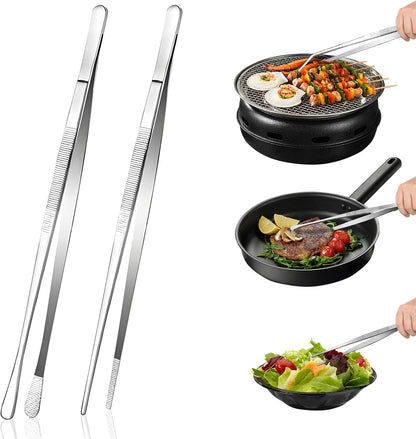 2-Piece Kitchen Tongs Set – 12-Inch Stainless Steel BBQ Tweezers with Straight & Curved Edges, Non-Slip Grip, Heavy Duty for Grilling Steak, Flipping Pancakes, Salads & Cooking