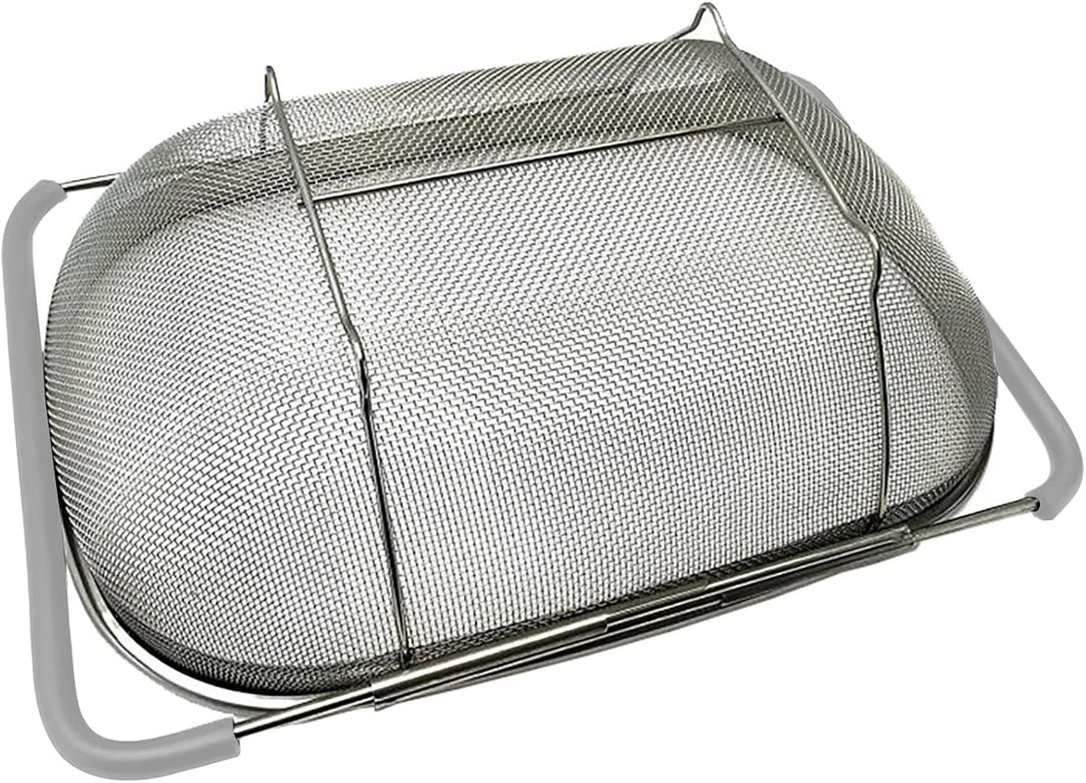 AJIODA Over The Sink Colander, 4 Quarts Stainless Steel Oval Colander with Expandable Rubber Grip Handle, Fine Mesh Strainer Baskets Kitchen Colanders for Strain, Drain, Rinse Vegetable, Fruits, Black