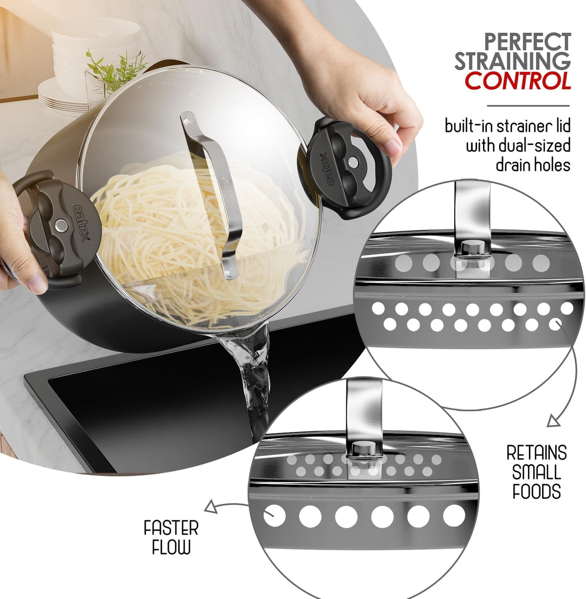 Eatex Pasta Pot with Strainer Lid - 5 Quart Multipurpose Stock Simmer Spaghetti with Strainer - Twist & Lock Handles, Nonstick Ceramic Stainless Steel Tempered Glass Black