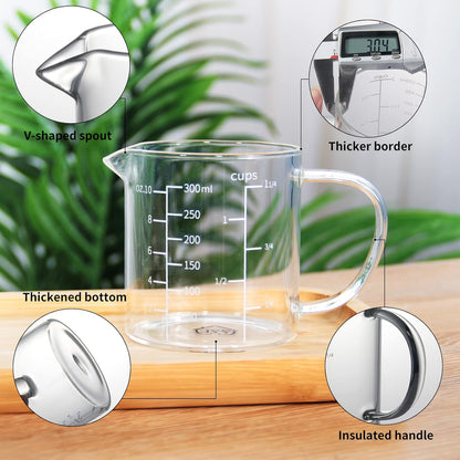 77L 3 Pack Glass Measuring Cup Set (1 1/4, 2 & 4 Cup) [Insulated handle, V-Shaped Spout], High Borosilicate Liquid Glass Measure Cup for Kitchen, Easy To Read, Dishwasher, Freezer, and Microwave Safe