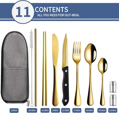 Logcow Travel Utensils Set with Case, 10-Piece Reusable Stainless Steel Camping Cutlery, Portable Fork Spoon Knife Chopsticks & Straw for Work, Lunch, Picnic (Rainbow)