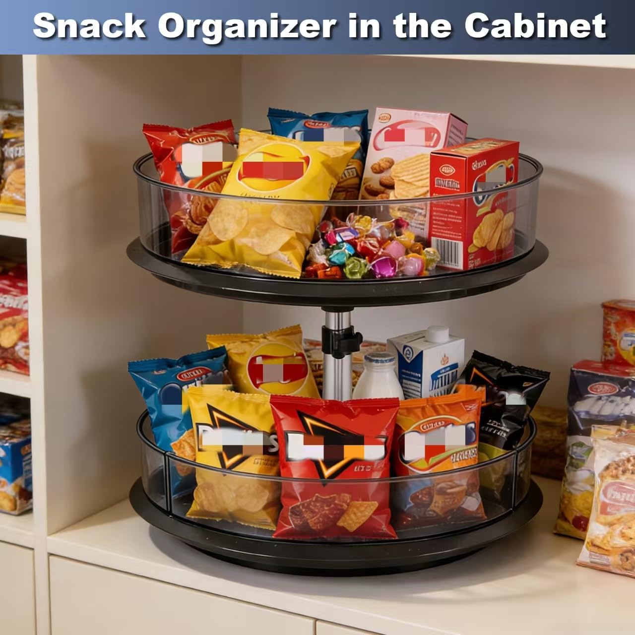 2 Tier Snack Carousel, Rotary Turntable Organizer for Snack Bar Organizer and Snack Display, Countertop & Under Sink Organizer for Snack Storage, Tray has Removable Dividers, Easy Assembly