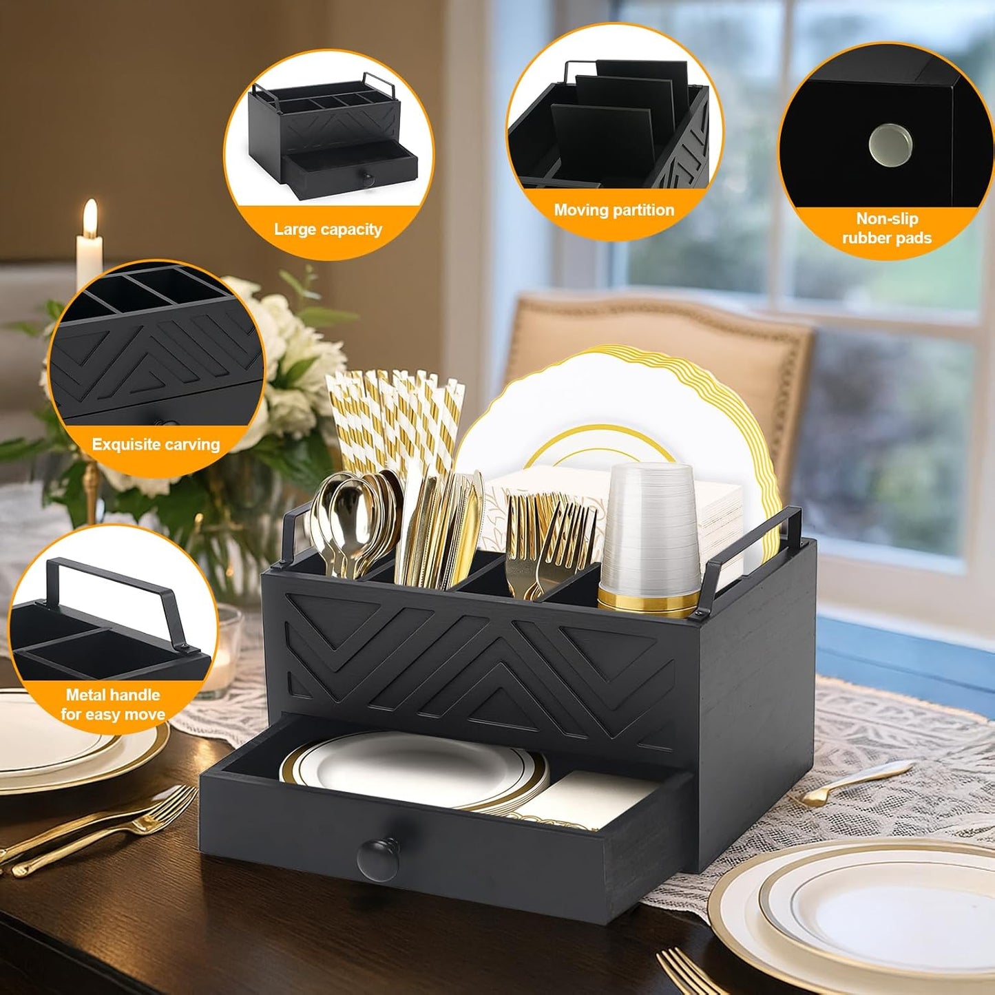 Paper Plate Dispenser with Drawer, country style Wood Kitchen Counter, Picnic, Party, Camping - Caddy Organizer for Cups, Spoons, Forks, Plates, office supplies, Napkins & Silverware