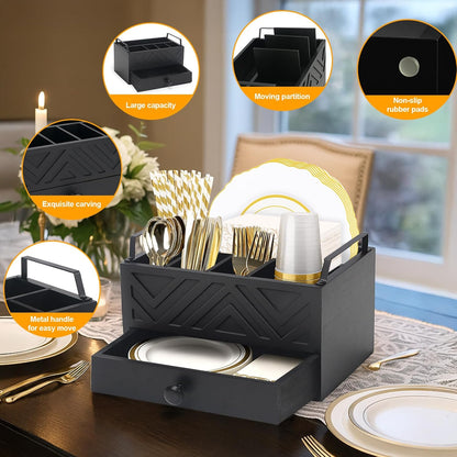 Paper Plate Dispenser with Drawer, country style Wood Kitchen Counter, Picnic, Party, Camping - Caddy Organizer for Cups, Spoons, Forks, Plates, office supplies, Napkins & Silverware