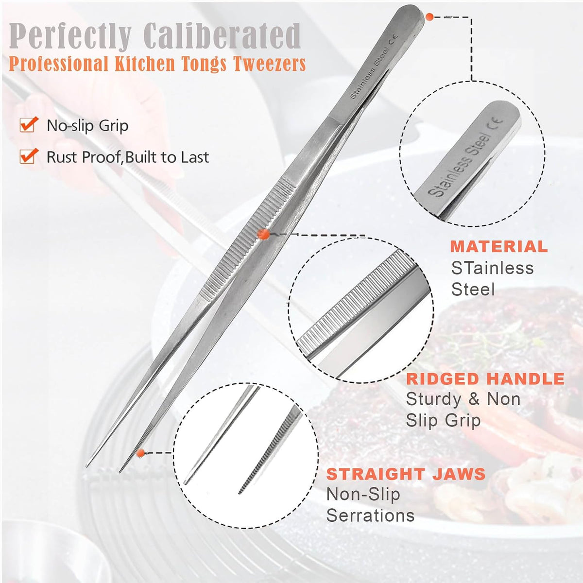 A2Z Cooking Tweezer Straight and Curved Tong Set, Tongs Precision Serrated Tips, Stainless Steel Professional Chef Tweezer Kitchen Tools for BBQ, Plating and Serving (Set of 2-10")