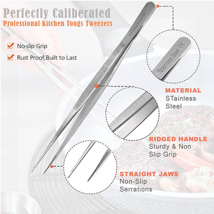 A2Z Cooking Tweezer Straight and Curved Tong Set, Tongs Precision Serrated Tips, Stainless Steel Professional Chef Tweezer Kitchen Tools for BBQ, Plating and Serving (Set of 2-10")